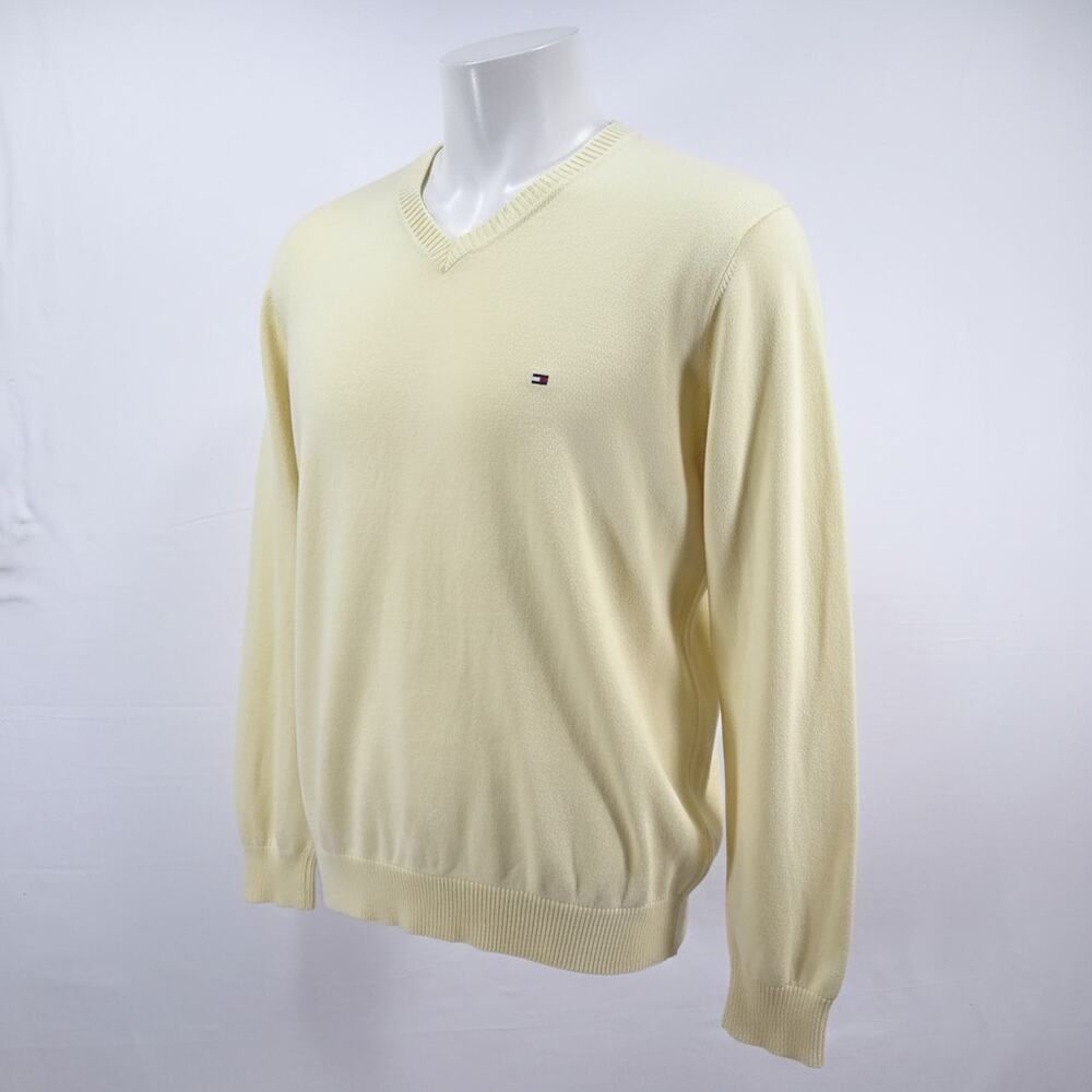 Tommy Hilfiger Mens XL Yellow V Neck Sweater 100 Cotton Knit Flag Logo Preppy